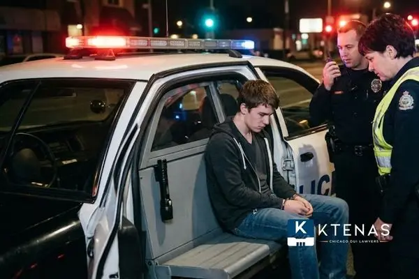 Handcuffed minor sits in a police car with two officers standing nearby.