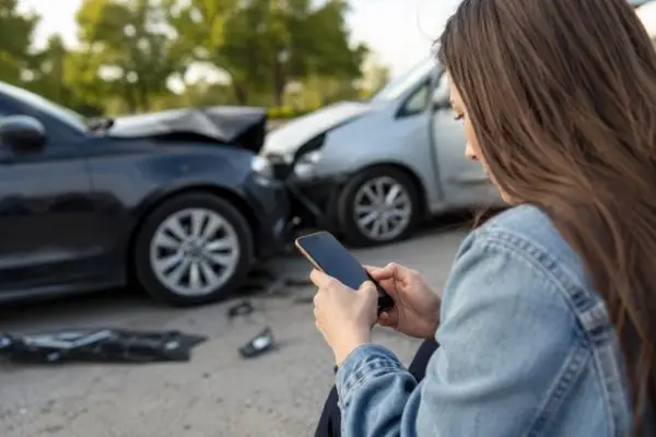 Person using a smartphone near a crashed car accident scene with damaged vehicles in the background.