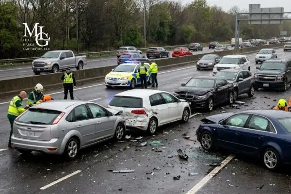 A multi-car highway crash scene with police and first responders.