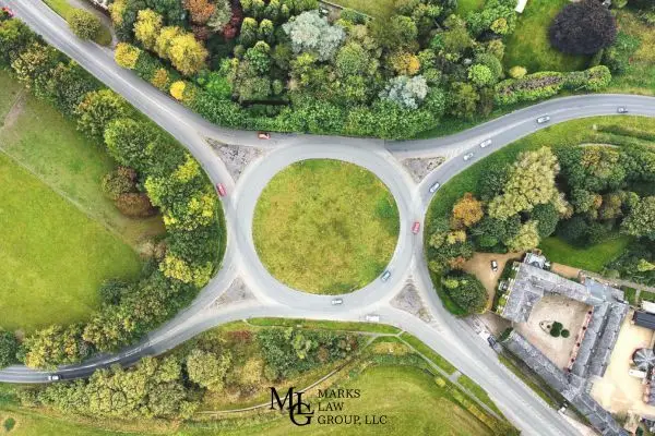 an aerial photograph of a roundabout