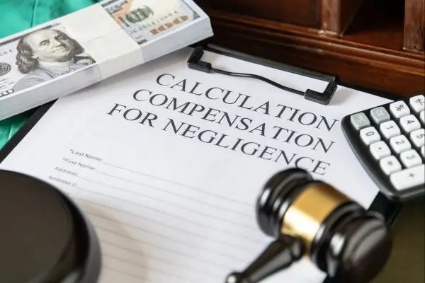 clipboard with documents for compensation for negligence with money, calculator, and gavel surrounding.