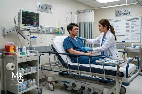 Doctor examining injured man.