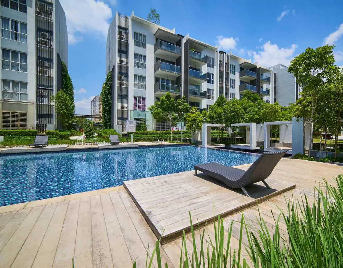 an apartment complex with a pool
