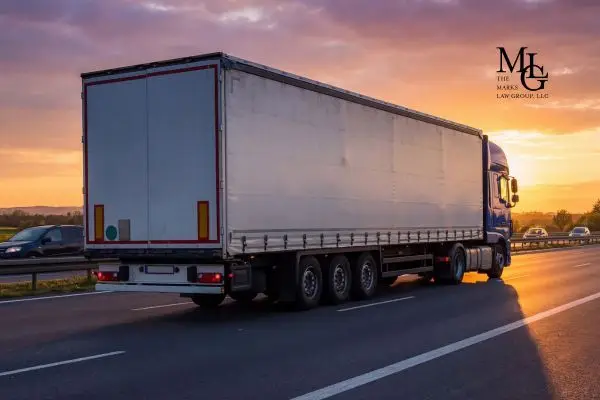 Commercial semi-truck driving on a highway at sunset 