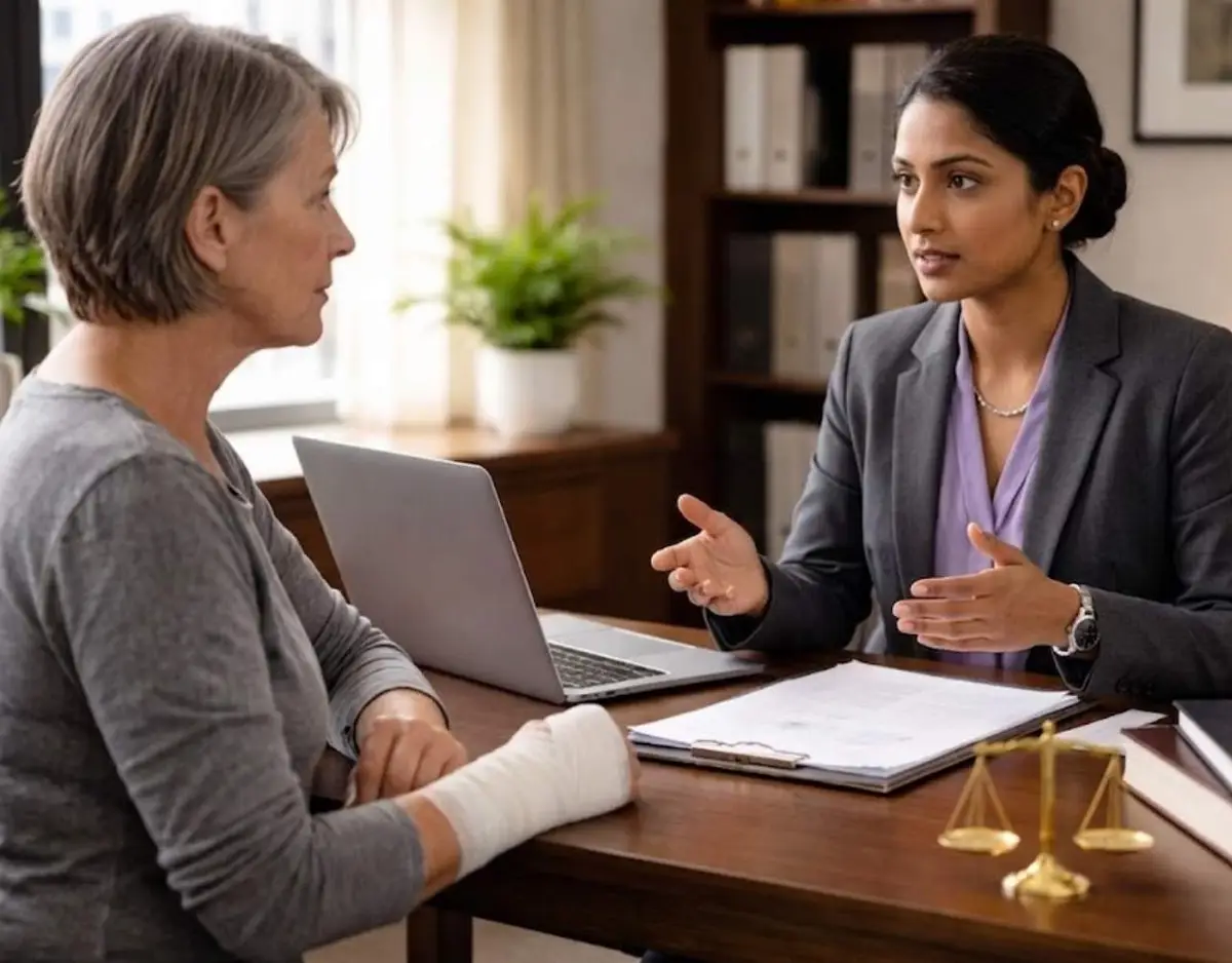 A lawyer discusses paperwork with an injured woman in a law office.