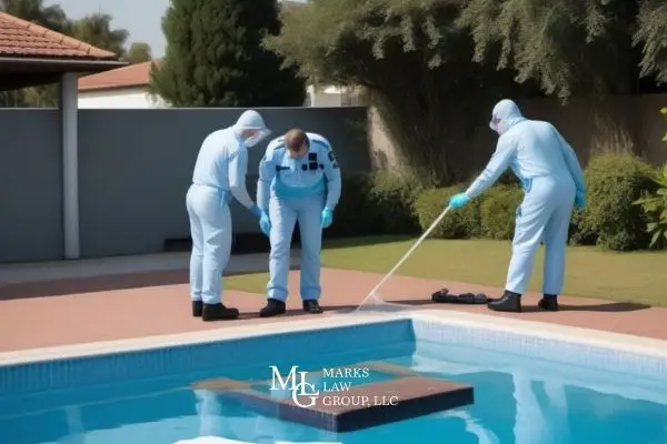 Investigators examine a pool deck at an accident scene.