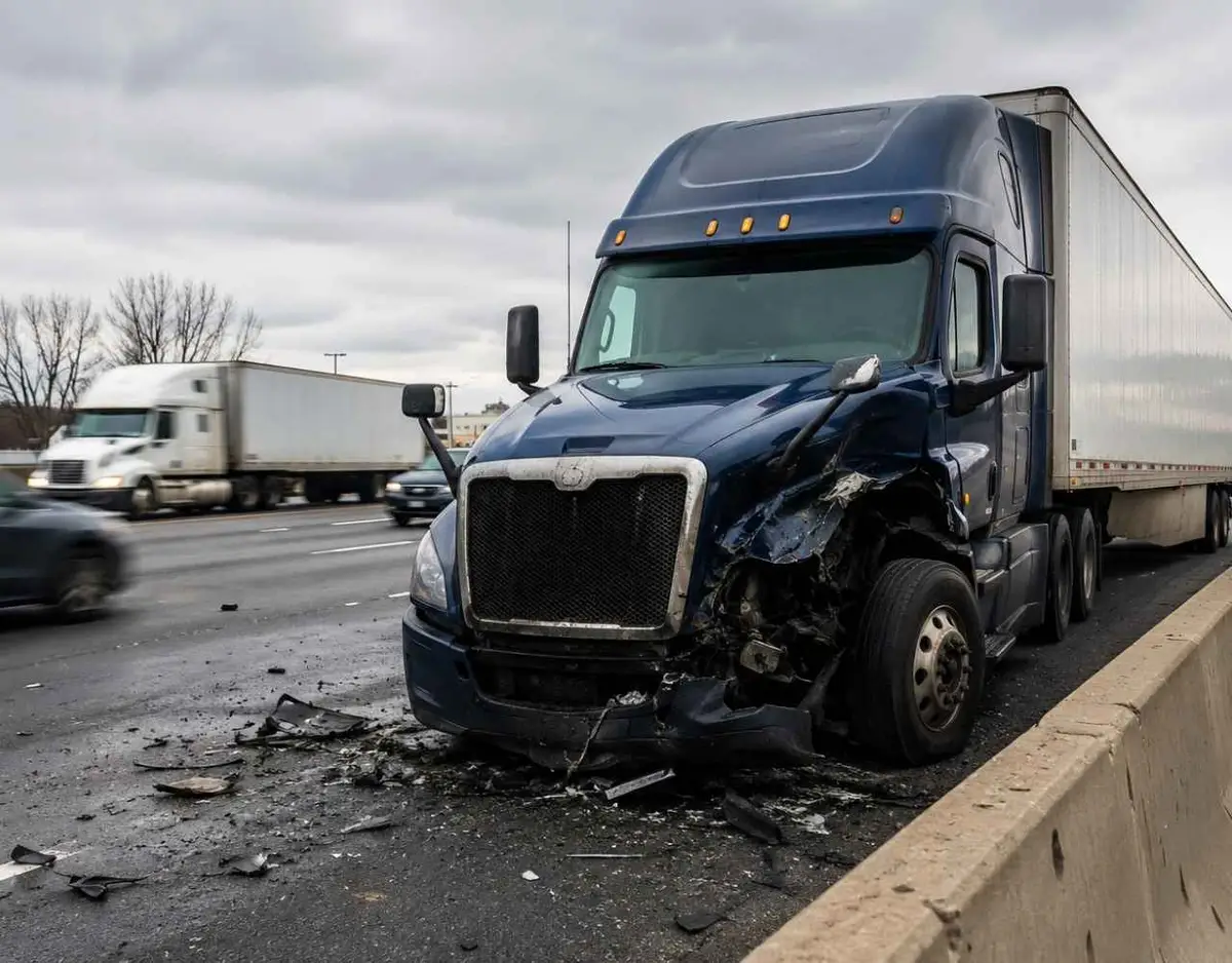 Damaged eighteen-wheeler truck on a wet highway after a serious crash.