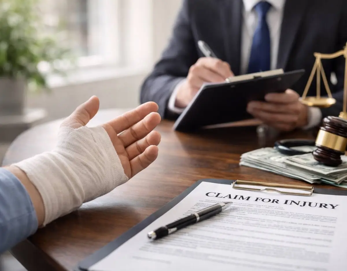 Bandaged hand gesturing during injury claim consultation with attorney at desk