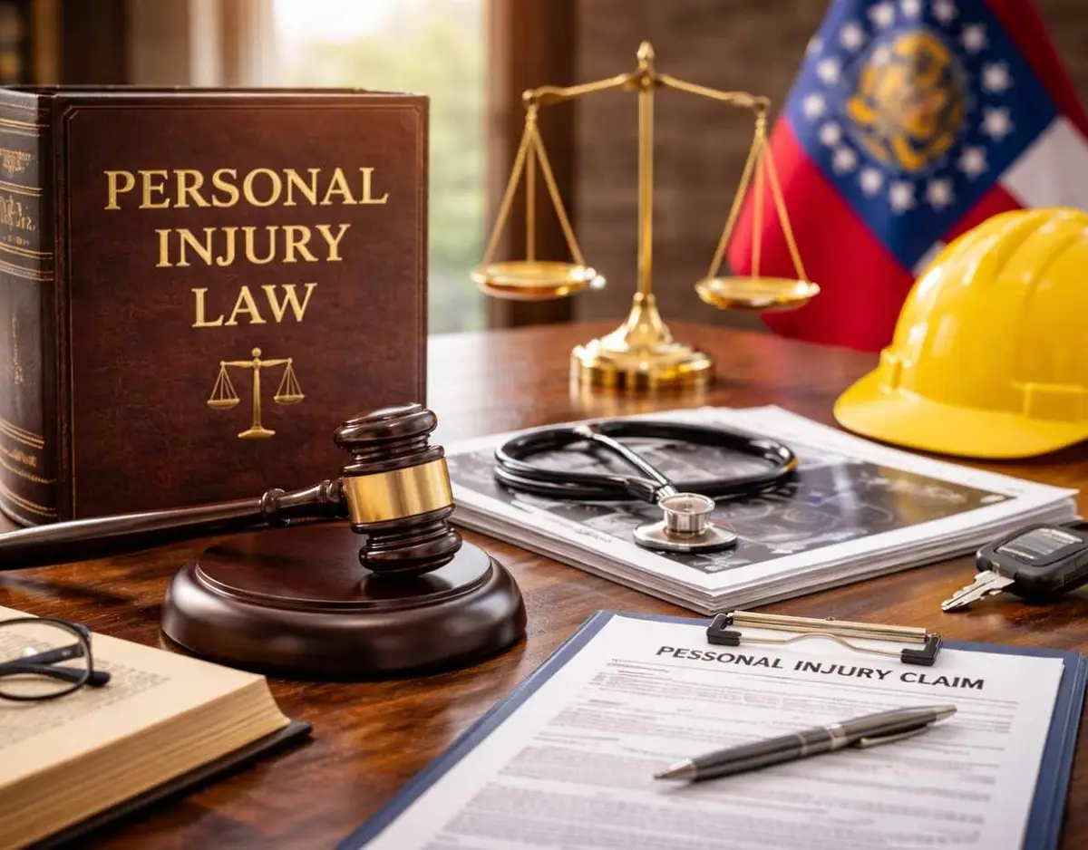 Personal injury law concept with gavel, legal documents, medical stethoscope, and construction helmet on a desk with the Georgia state flag in the background.