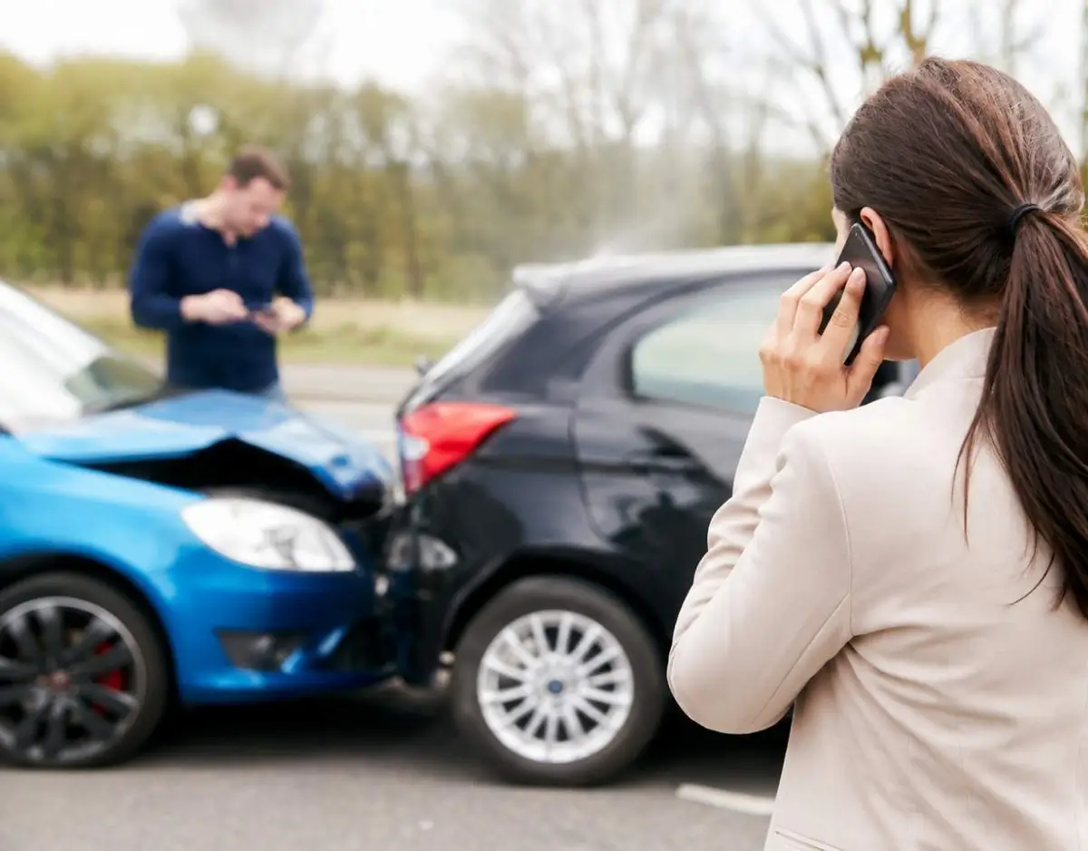 Two damaged cars after a roadside collision, with a woman calling for help.