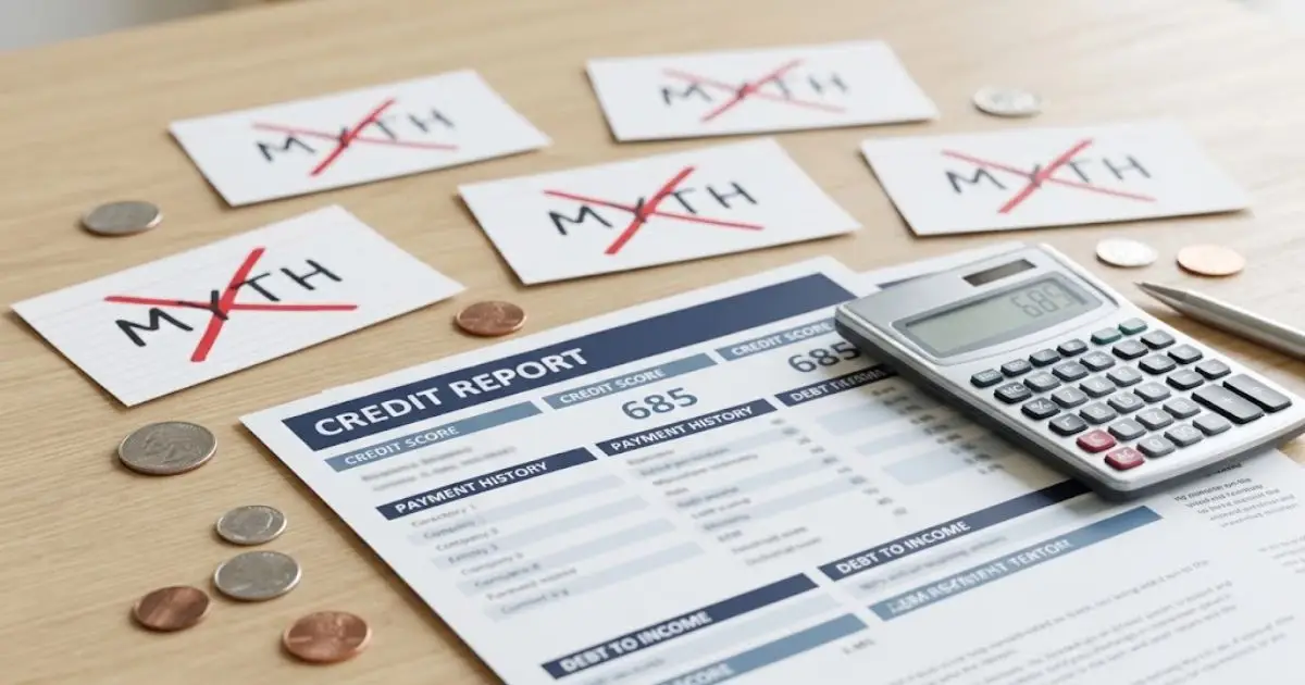 Five credit report myth cards crossed out next to coins and a calculator