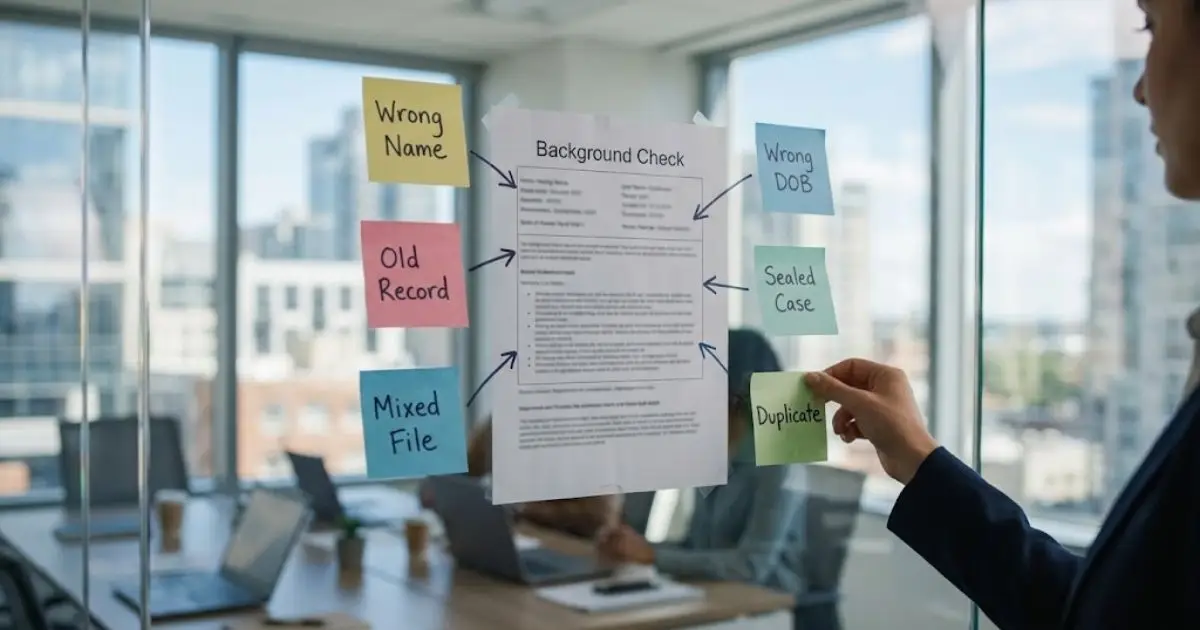 Background check report on a glass wall with six sticky notes labeling common errors