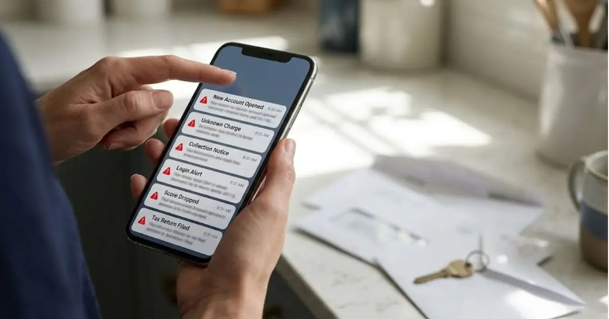 Phone lock screen showing six identity theft warning alerts, including a new account, an unknown charge and a collection notice