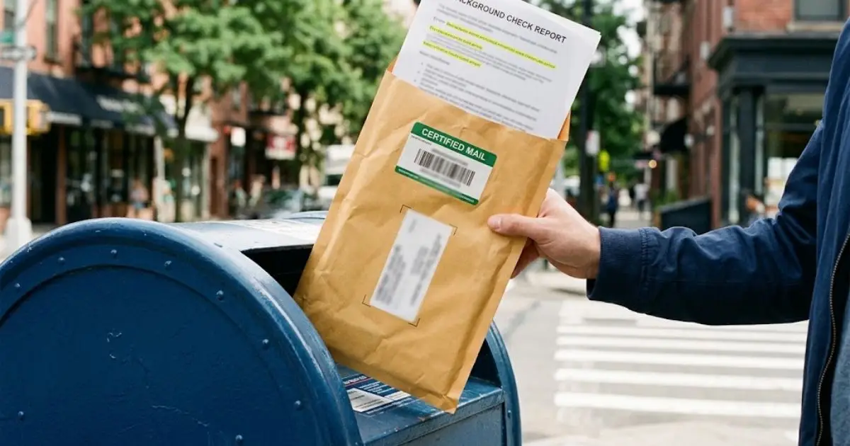 Hand mailing a background check dispute in a blue mailbox