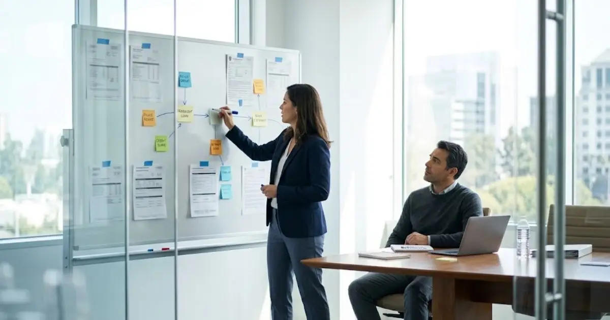Identity theft attorney mapping fraudulent accounts on a whiteboard for a client