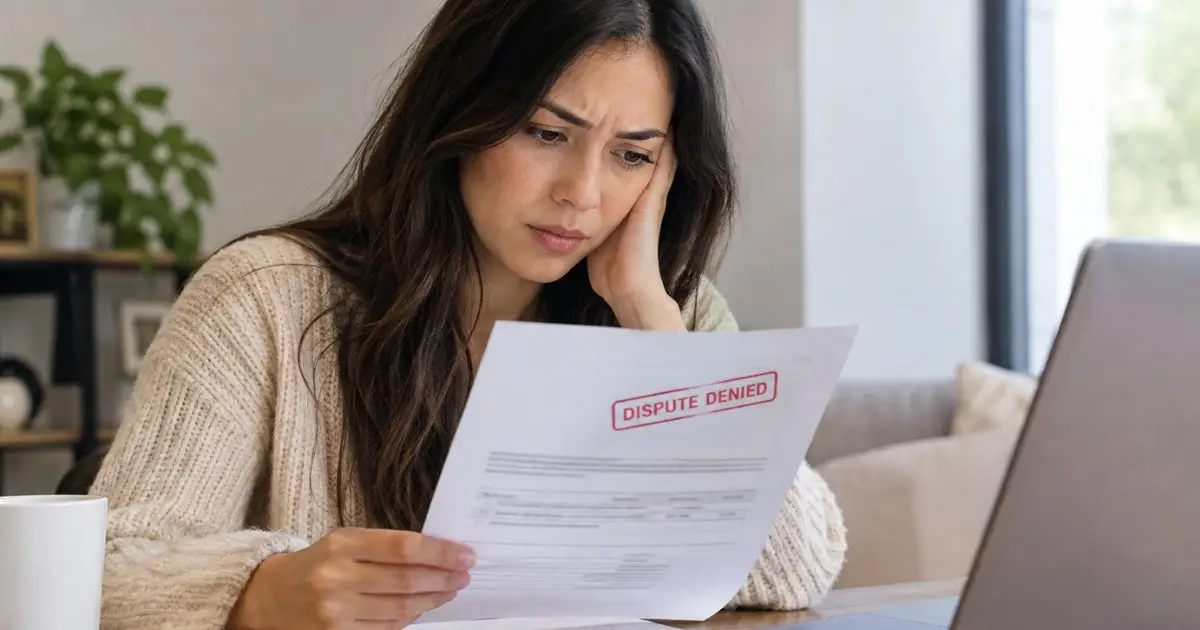 Woman reviewing a denied credit card dispute letter beside her laptop.