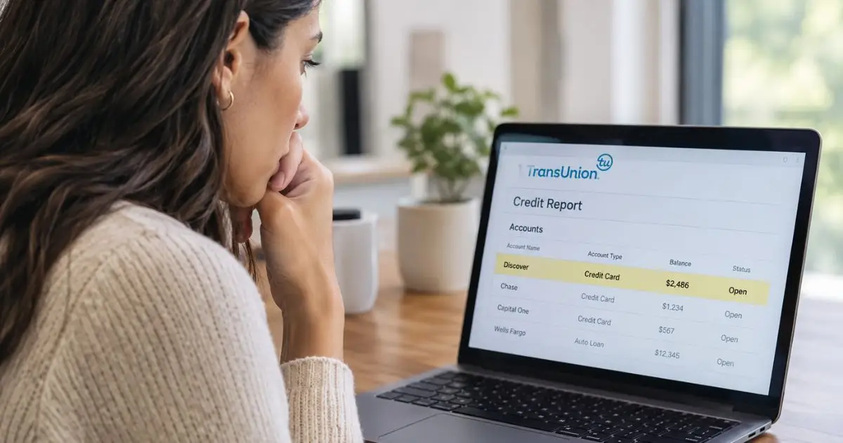 Woman reviewing a credit report on a laptop showing an unfamiliar Discover account.