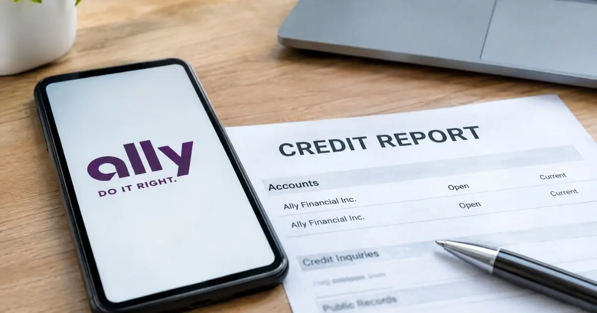Ally Financial credit report with account information and smartphone displaying the Ally logo.