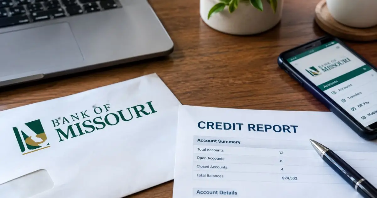 Bank of Missouri documents and a credit report on a desk.