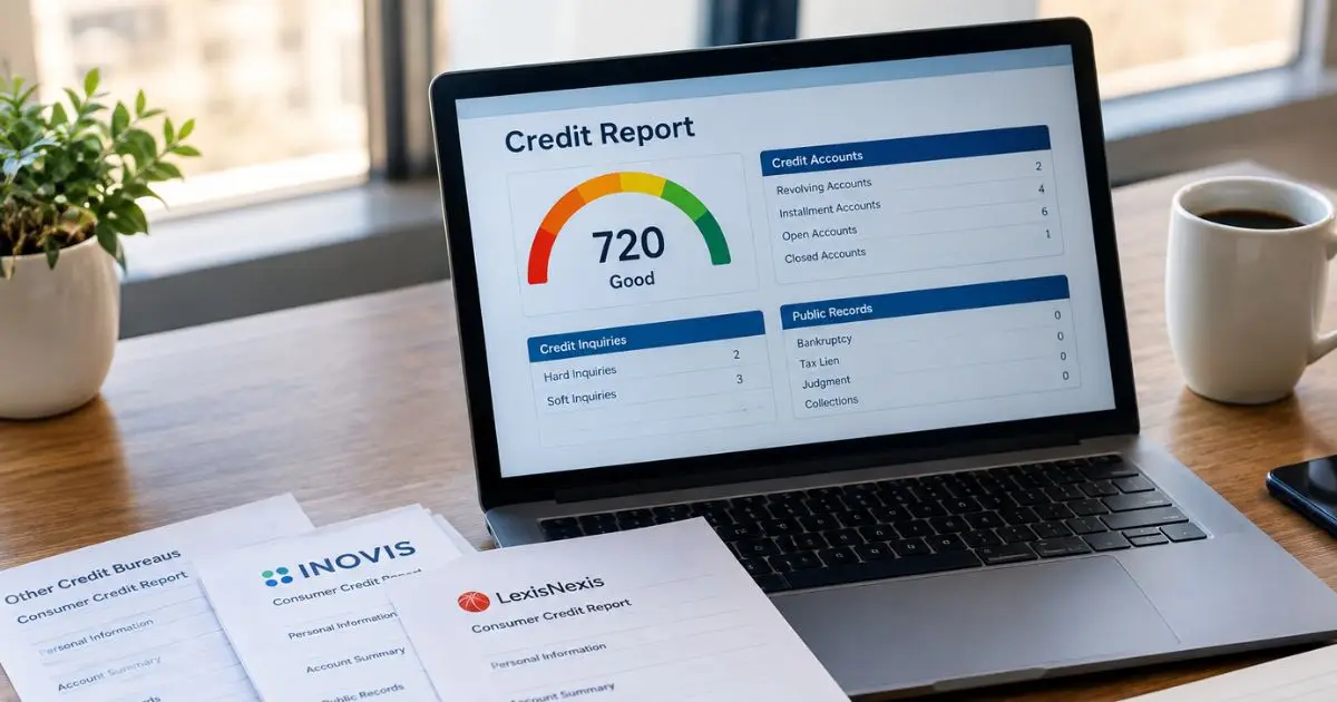 Credit reports from Innovis, LexisNexis, and other bureaus on a desk.