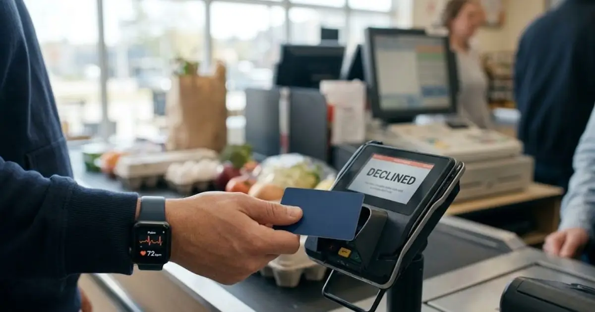 Declined credit card at checkout with a smartwatch showing the shopper's heartbeat