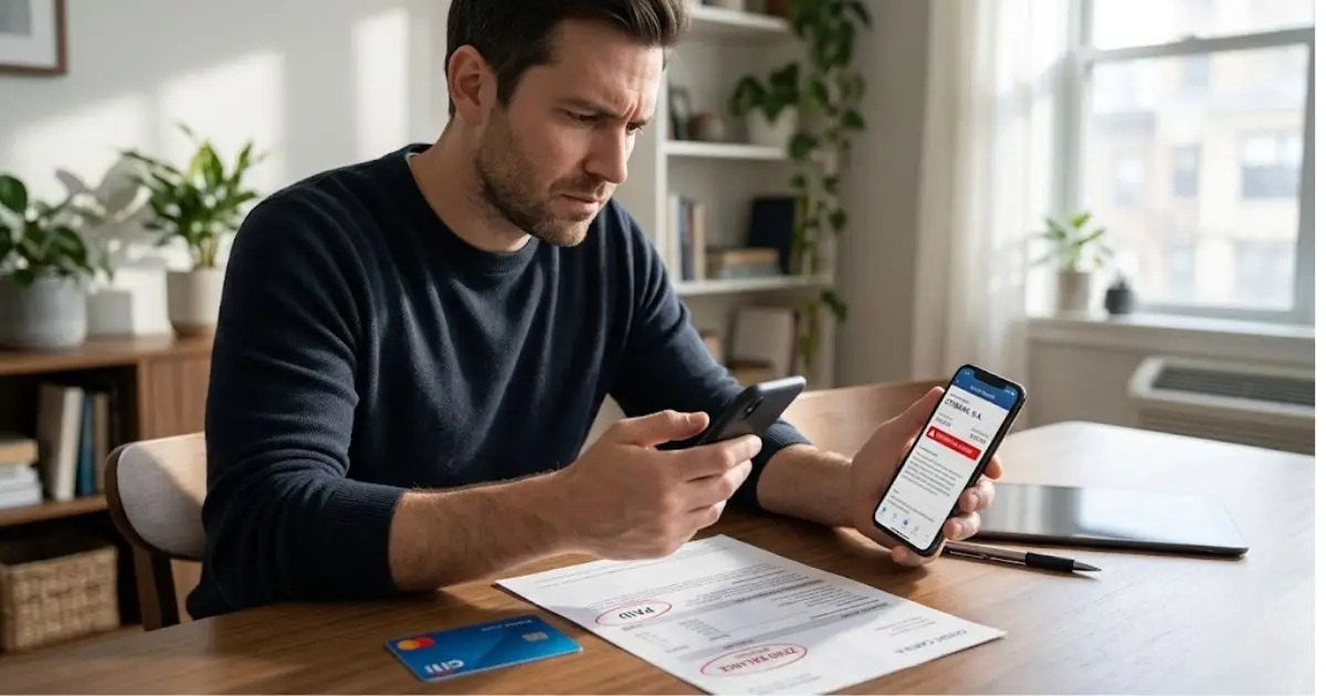 A man at a desk holds a credit card and a phone showing a "Citibank, N.A." error, next to a "Paid" statement