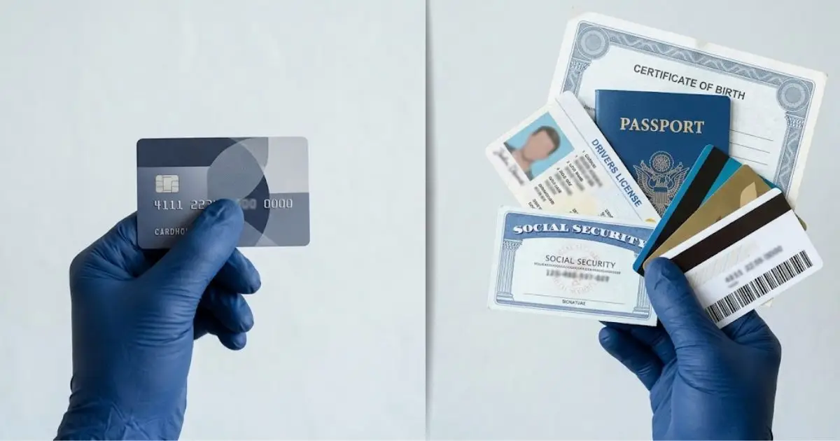 One hand holding a single stolen credit card next to another holding a full set of identity documents, comparing credit card fraud and identity theft