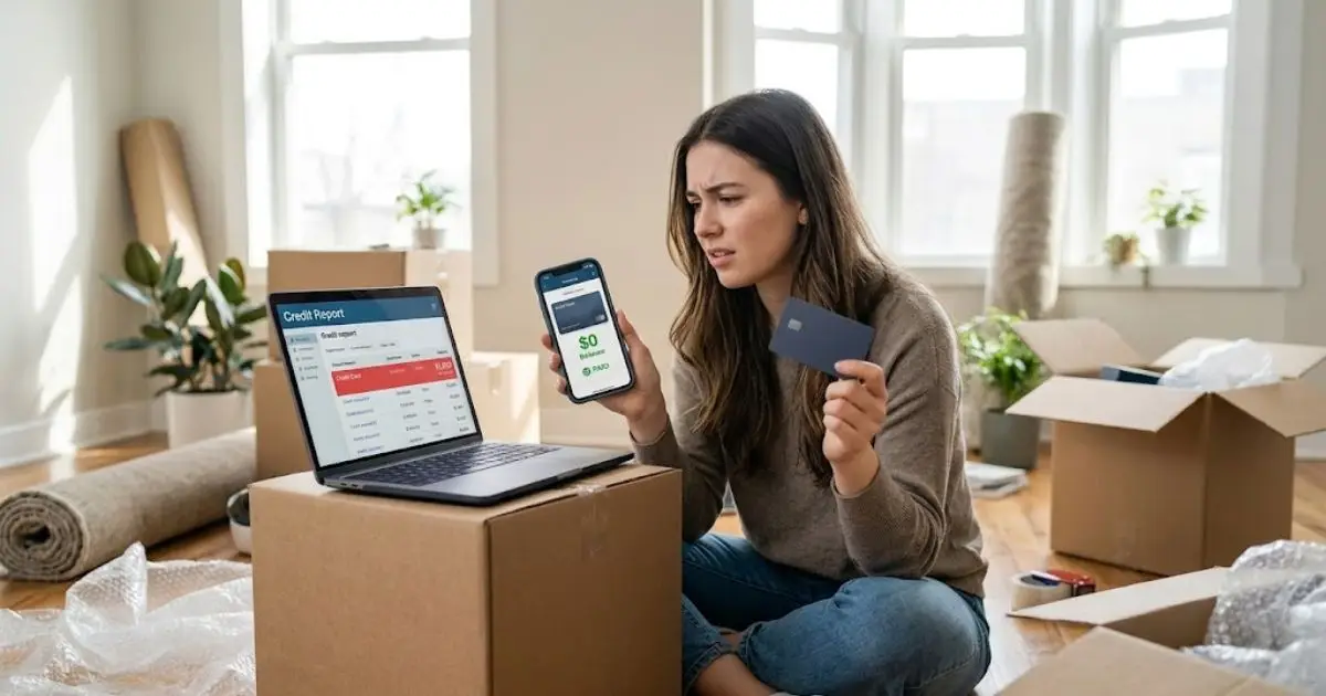 Young woman in her new apartment finding a paid-off credit card still showing a balance on her credit report