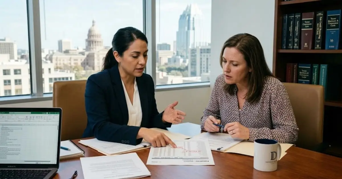 Two people review documents in an office.