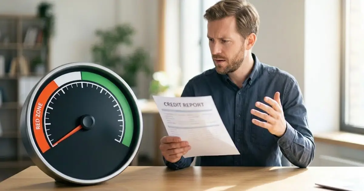 Living person in disbelief beside a credit score dial pinned at the lowest point