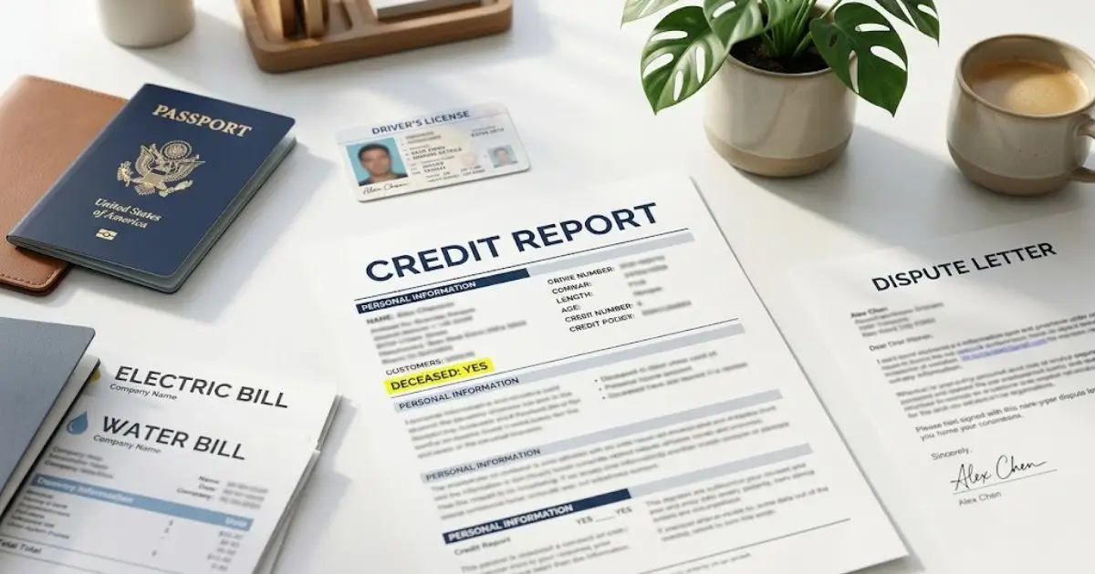 ID documents gathered to correct a deceased status on a credit report