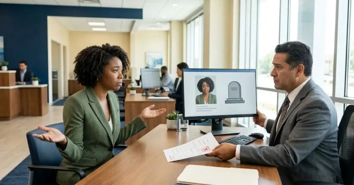 person denied credit at a bank because the system shows them as deceased