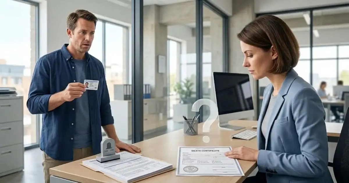 Clerk stamping a credit file as deceased beside a blank death certificate while the living person watches in shock