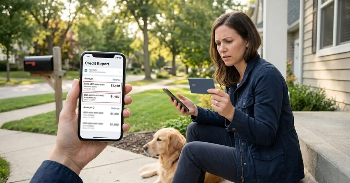 Woman on her porch finding the same credit card account reported twice on her credit report