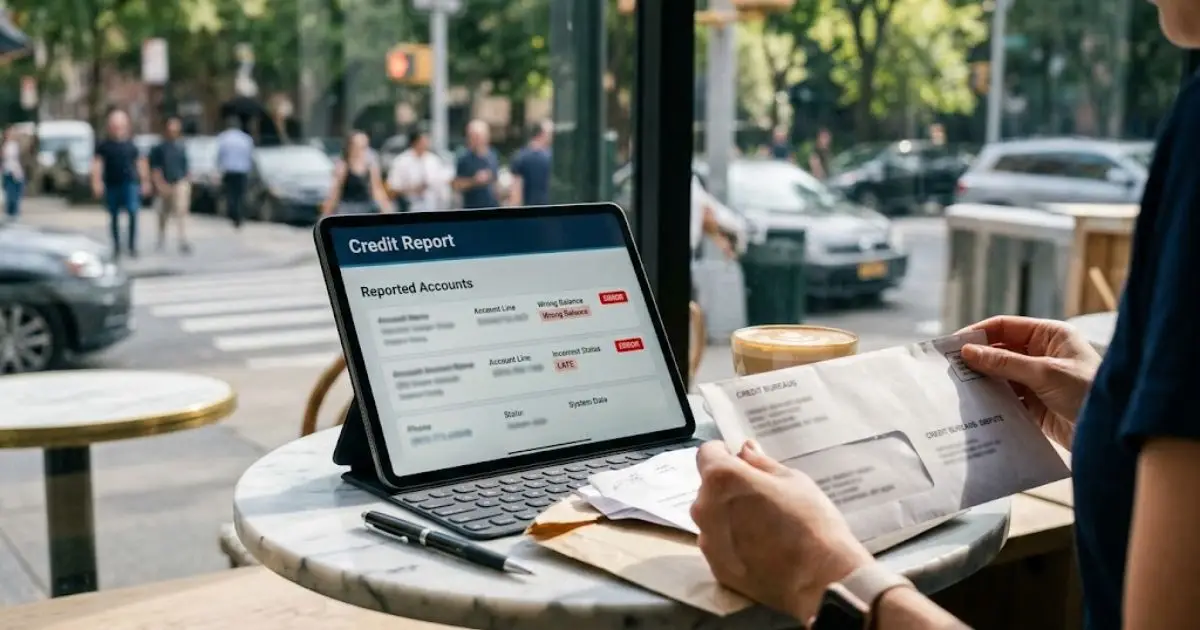 Tablet showing a credit report with two reporting errors flagged next to a mailed credit bureau envelope