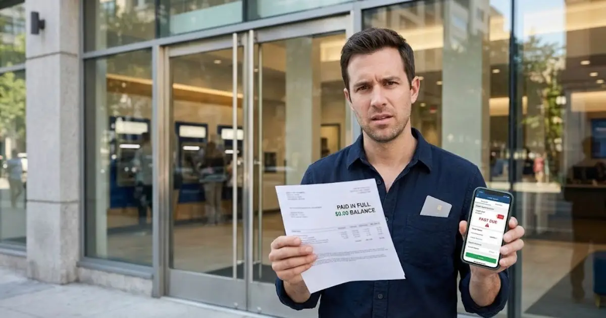 Man outside a bank holding a paid-in-full card statement next to a credit report showing the account past due