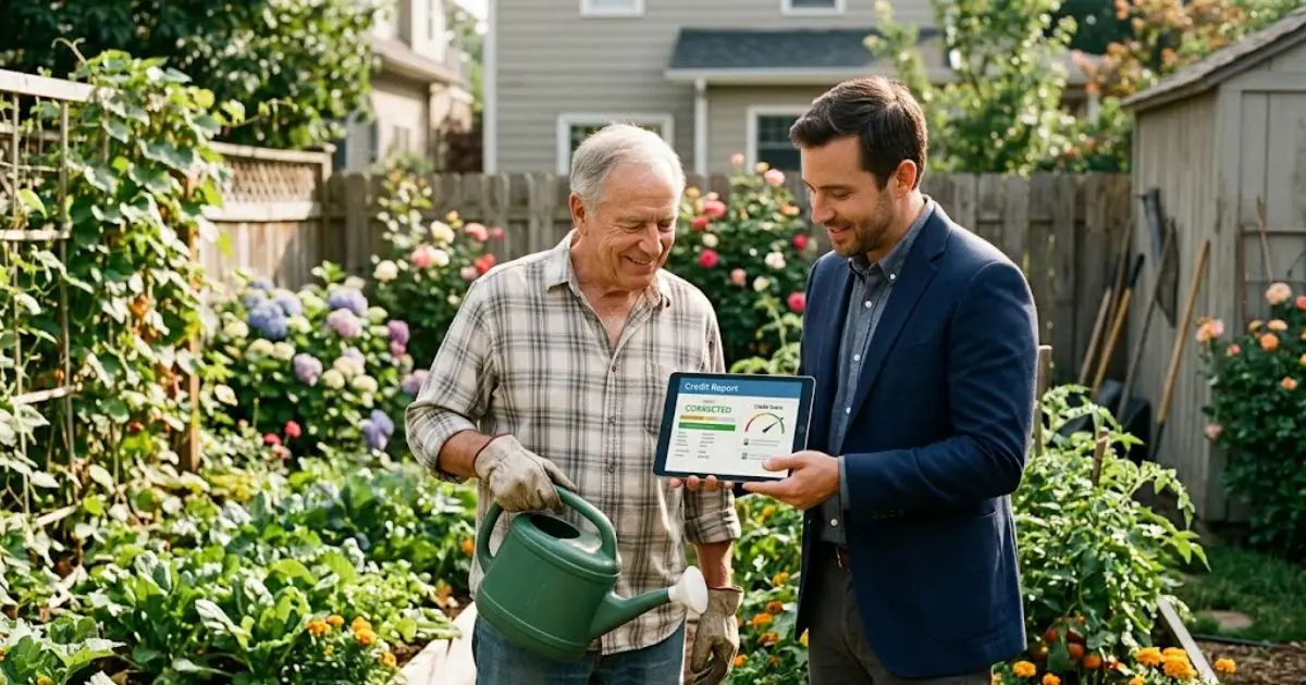 Attorney showing an older man in his garden that his deceased credit error was corrected