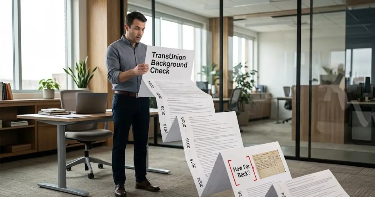 Job applicant holding a long TransUnion background check report unfolding back through many years