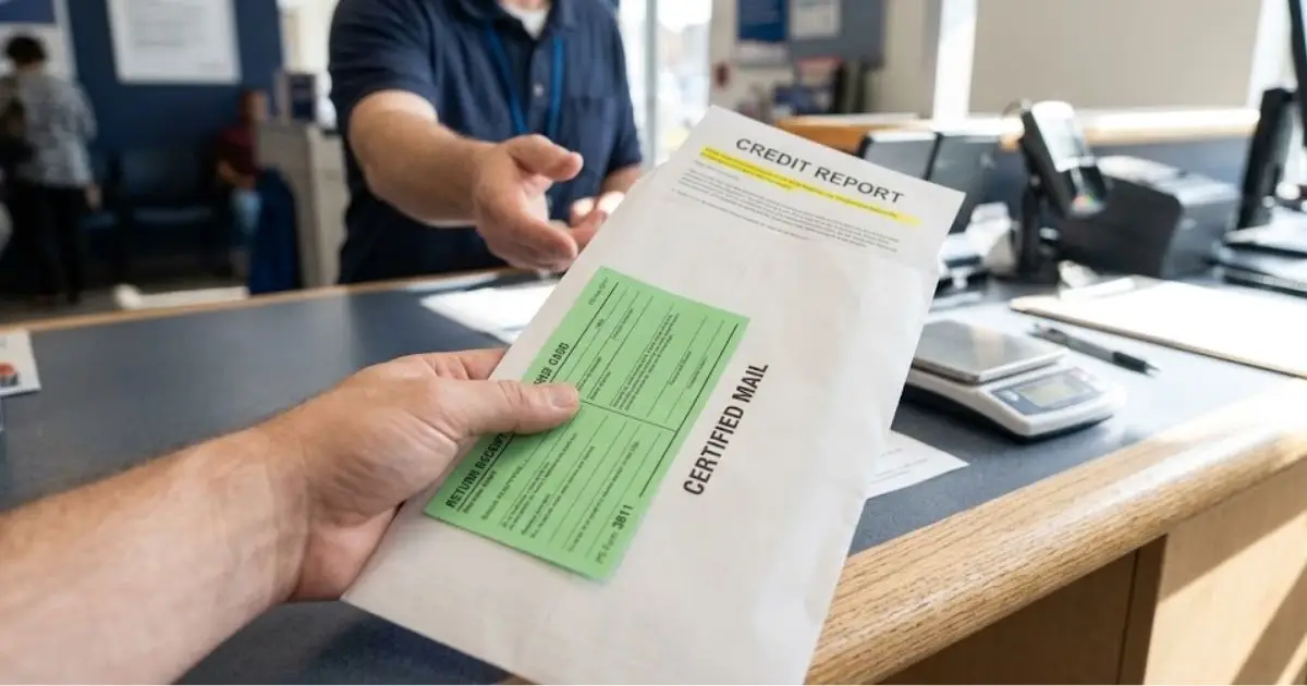 Hand mailing a certified credit report dispute at the post office