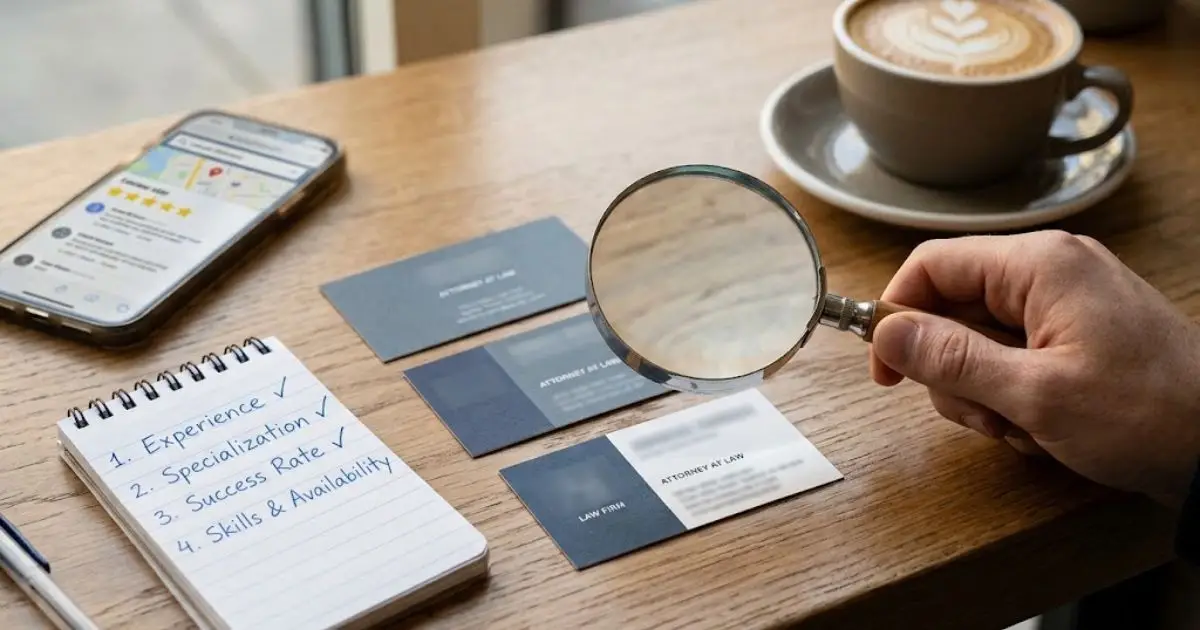 Magnifying glass over four attorney business cards next to a four-item checklist for choosing a consumer lawyer