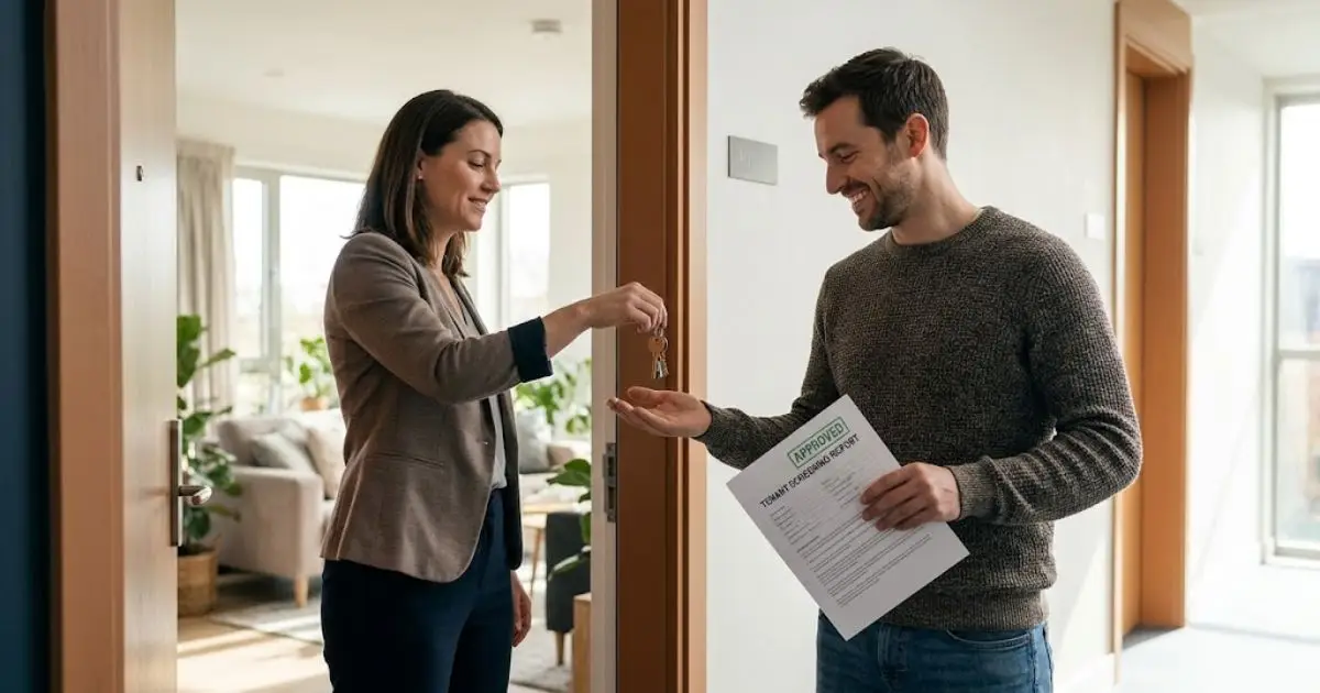 Tenant receiving apartment keys after fixing a tenant screening error