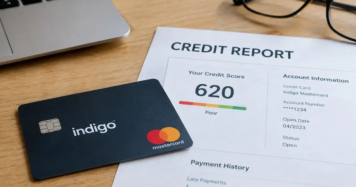 Indigo Mastercard beside a credit report showing account information and a low credit score.