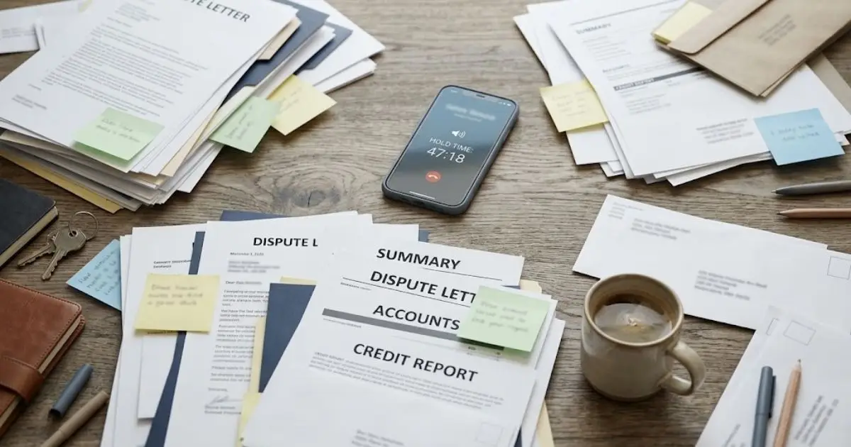 Cluttered pile of credit dispute paperwork and a phone on hold