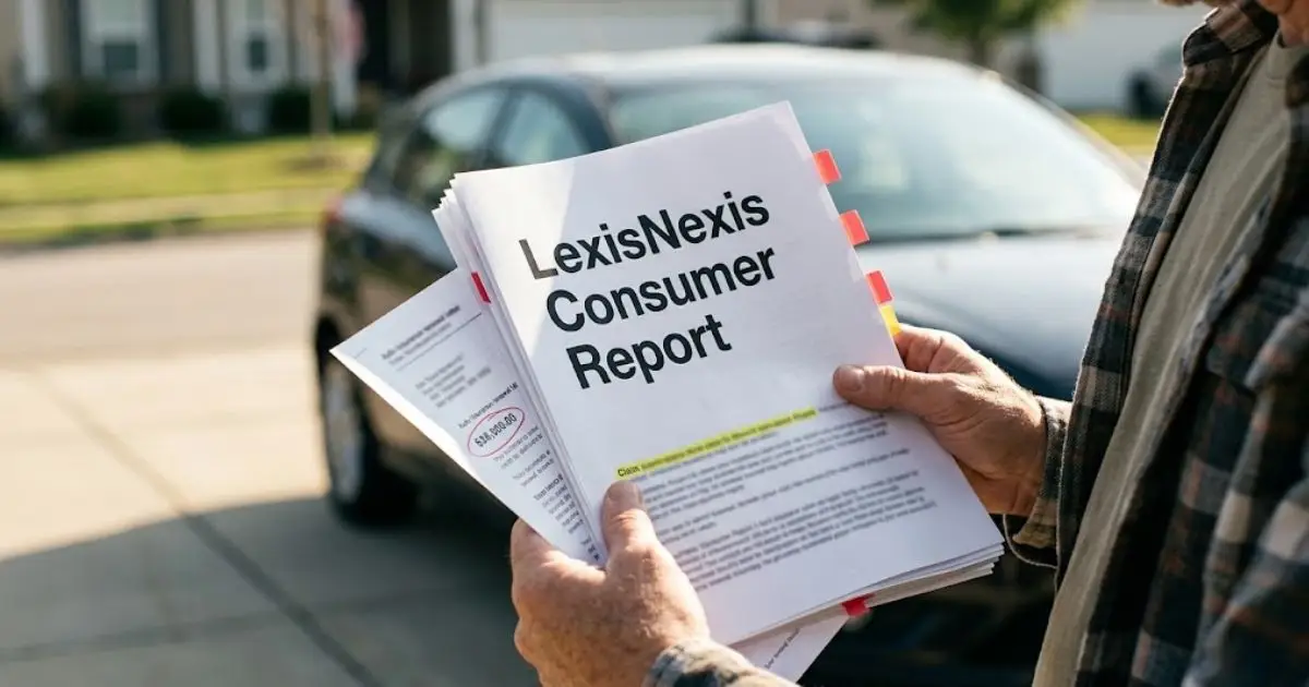 Man holding a LexisNexis consumer report with flagged errors and an insurance renewal letter with a higher premium