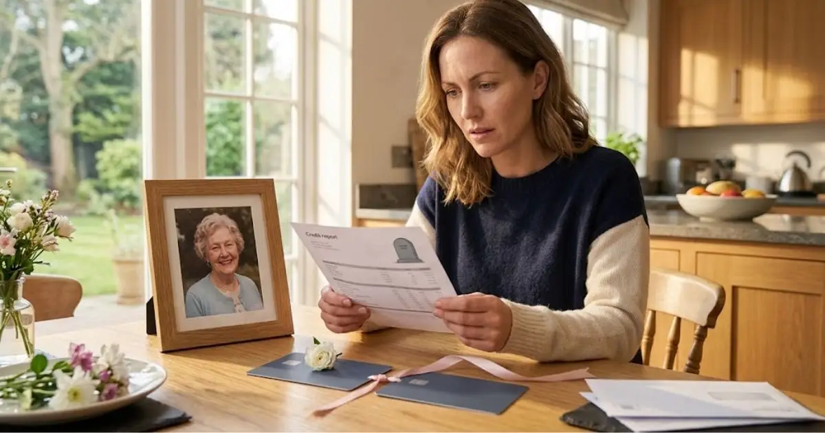 Adult daughter confused to find herself marked deceased on her credit report after her mother's death, linked through a shared card