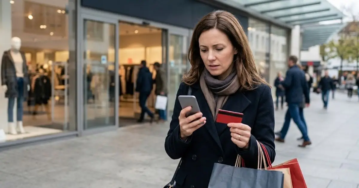 Shopper outside a department store finding an incorrect store card balance on her credit report