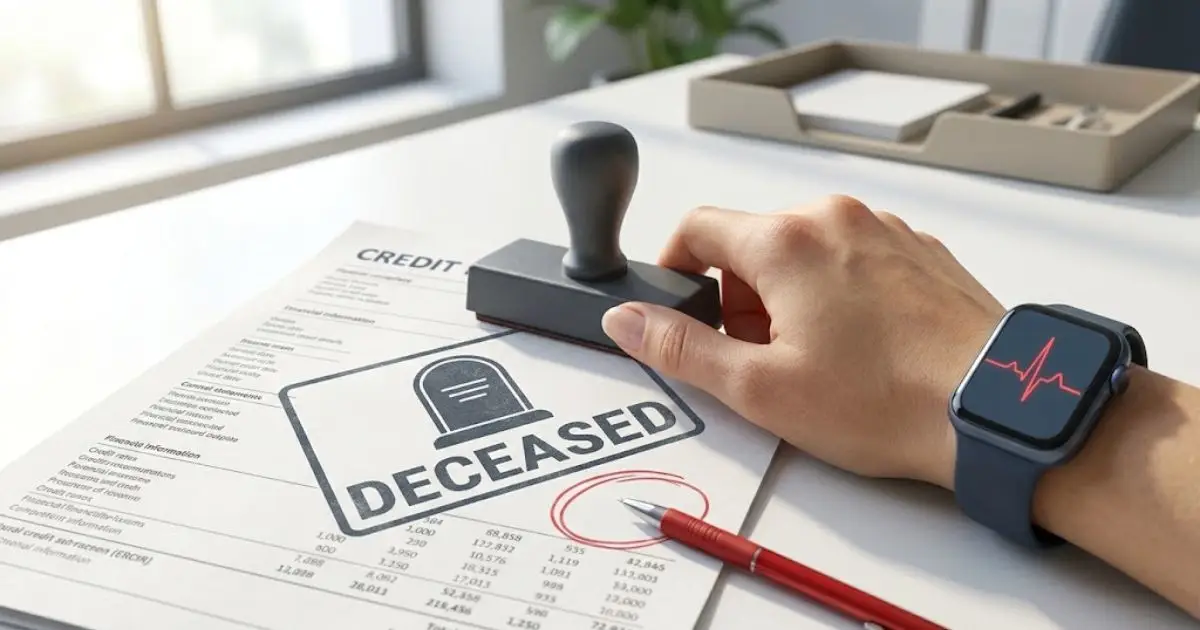 Credit report stamped with a deceased mark held by a living person whose smartwatch shows a heartbeat