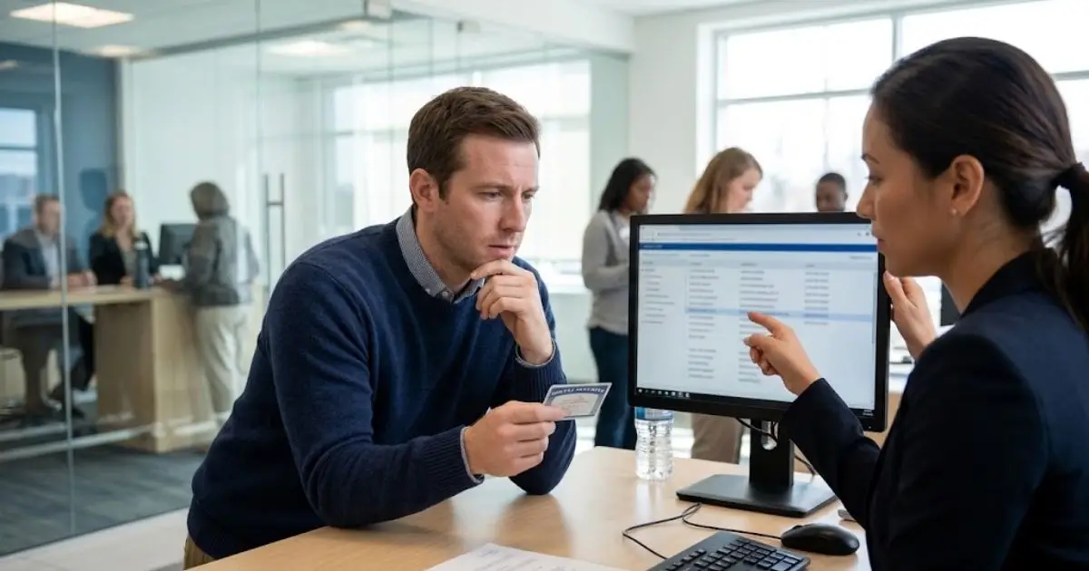 Banker showing a man that his Social Security number is linked to another person's credit file