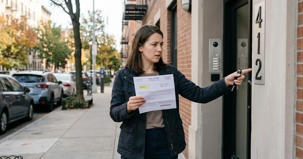 Young woman at an apartment building she never lived in, holding a utility collection letter for it