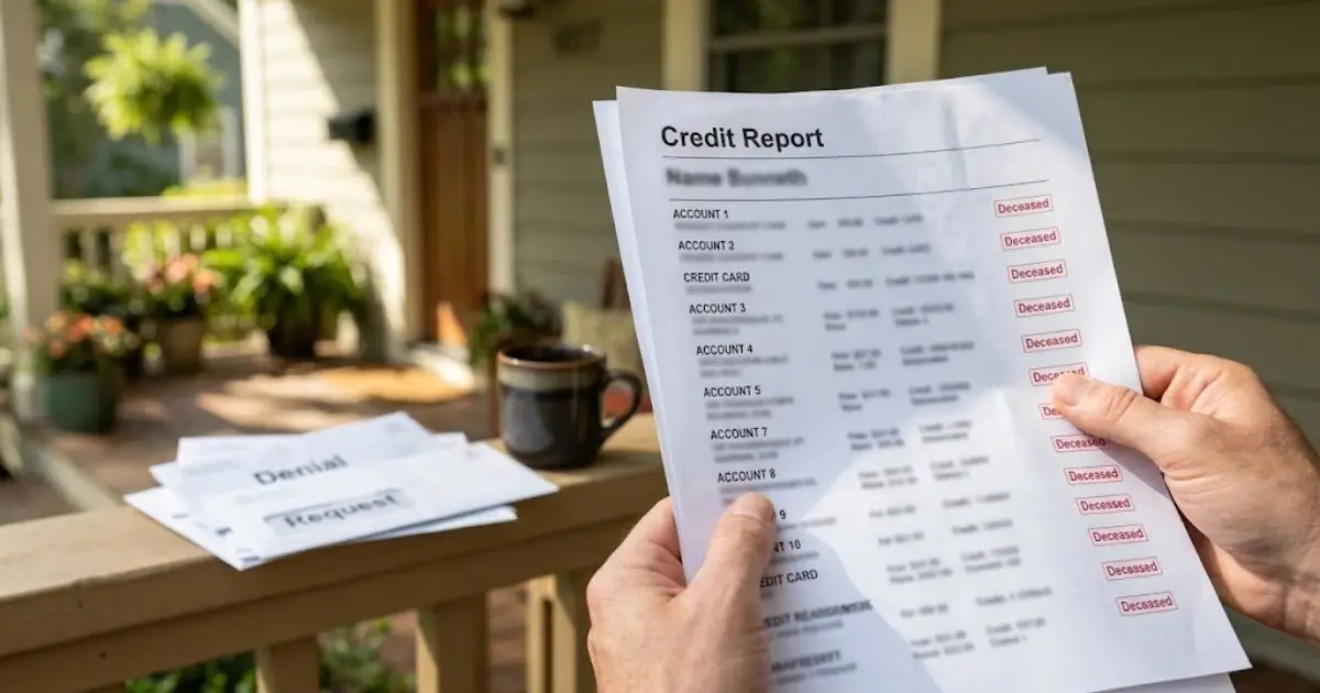 Credit report with a deceased indicator on every account, held by a person with denial letters behind
